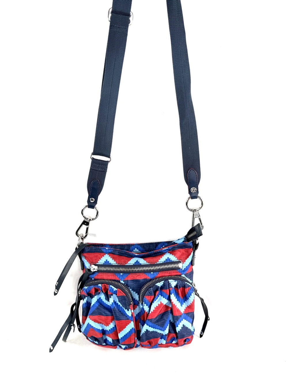 MZ Wallace Blue Red Zig Zag Bedford Small Crossbody Bag Leather Trim Fringe Stud